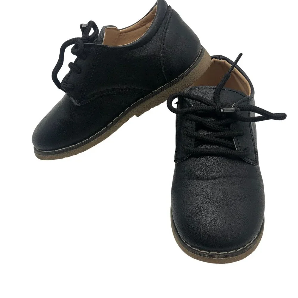 Neckior Little Boys Size 11‎ Dress Shoes Black Faux Leather Lace Up Round Toe